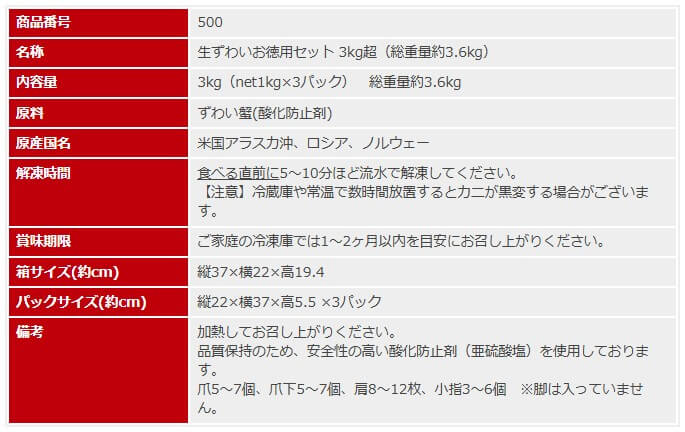 生ずわいお徳用セット 3kg超（総重量約3.6kg）